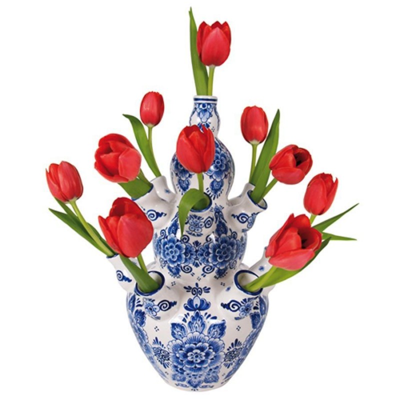 Flat Flower - Rode Tulpen in Delfts Blauwe Tulpenvaas