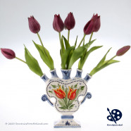Platte Tulpenvaas dubbele tulpen 17cm - Handgeschilderd Delfts Blauw