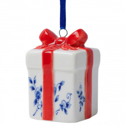 Delft Blue Christmas Present with Red Bow Ornament
