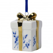 Delft Blue Christmas Present with Golden Bow Ornament