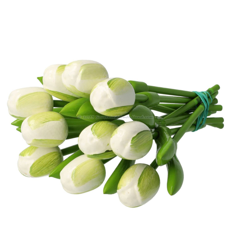 10 White-Green Wooden Tulips 20cm