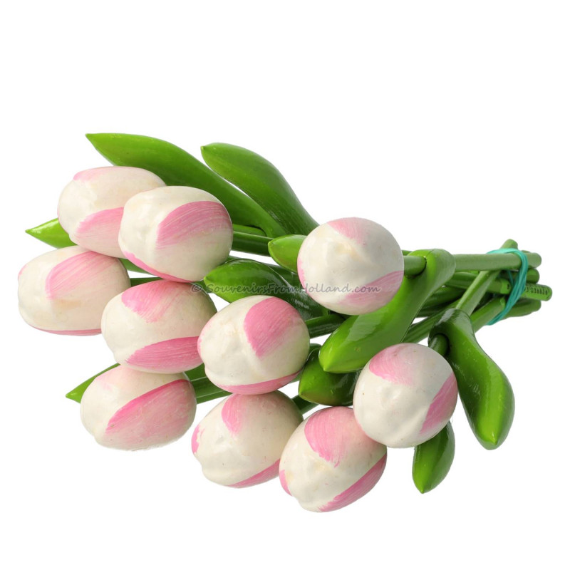 10 White-Pink Wooden Tulips 20cm