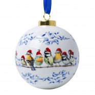 Delfts blauw Kerstbal Vogels met kerstmutsjes 8cm