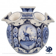 Tulip Vase Windmill and Flowers - Hand-painted Delft Blue