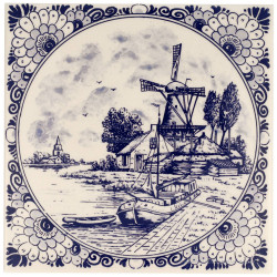 Dutch Farm Windmill Boat Round Border - Delft Blue Tile