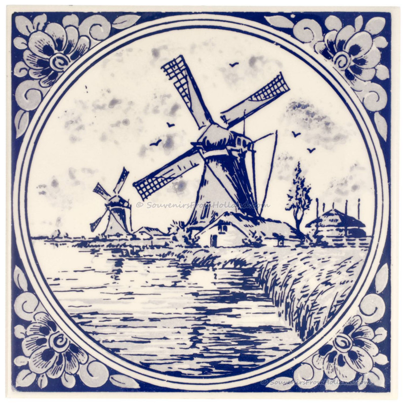 Windmills at the waterfront Round Border - Delft Blue Tile
