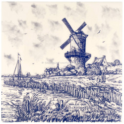 Windmill Ruisdael - Delft blue Tile 15x15cm