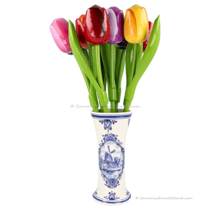 Delft Blue Vase with Wooden Tulips 34cm