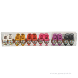 Box 6 memo-magnets wooden shoes 4cm wi,ye,or,pk,pu,bl