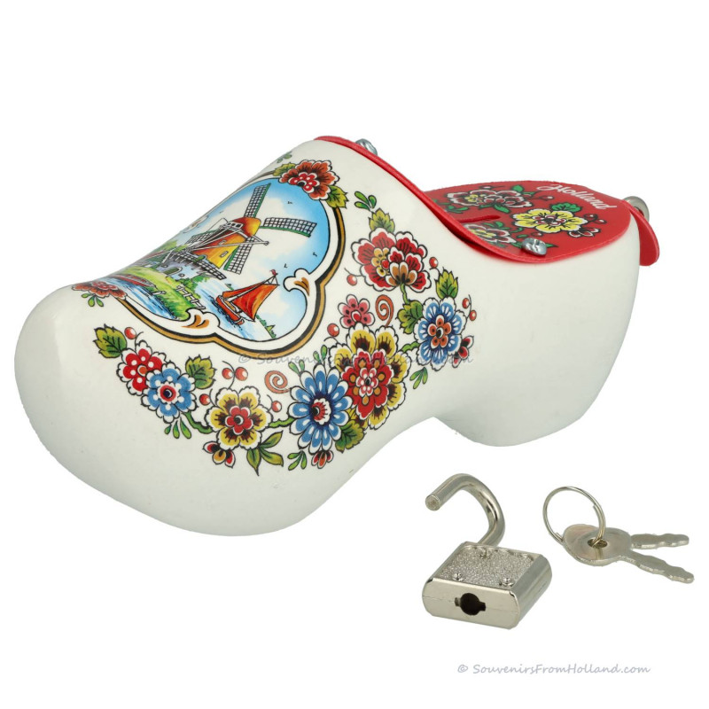Spaarpot Houten Klomp Wit Molen Bloemen 14 cm